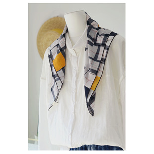 清透感黄黑格子真丝桑蚕丝撞色方巾日系格纹丝绵混纺小方巾头巾女