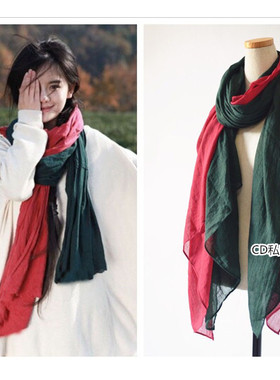 棉麻围巾组合拼色黄色丝巾夏季日系空调防晒披肩百搭简约长款丝巾