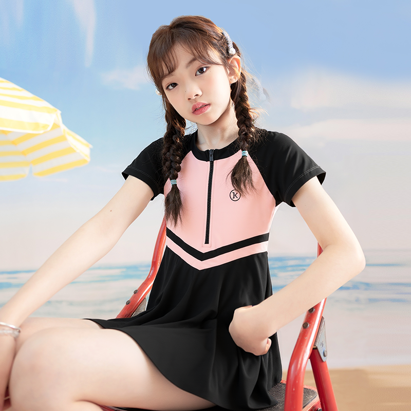 女童2025新款中大童泳装女孩黑色保守带胸垫安全裤泳衣儿童连体衣