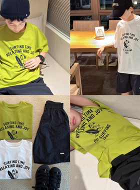 新品上架/限时9折/男童牛油果绿白色印花短袖