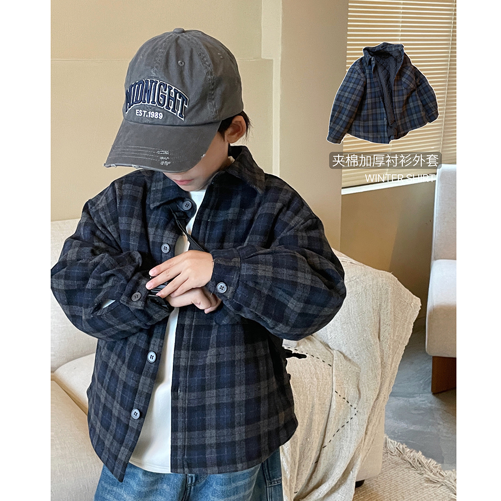 男童加厚格子外套冬季夹棉衬衣潮