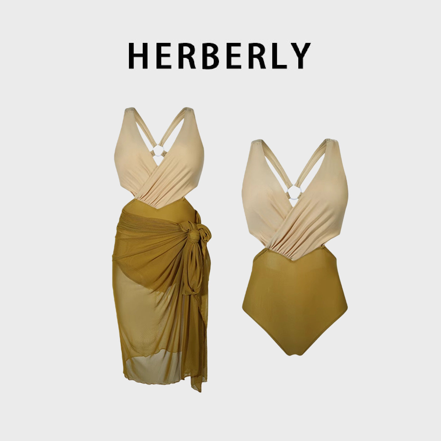 HERBERRY泳装法式复古时尚露背优雅气质海边泡温泉度假连体泳衣裙