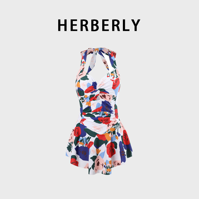 HERBERRY泳装女夏性感露背纯欲风沙滩海边度假印花裙式连体游泳衣