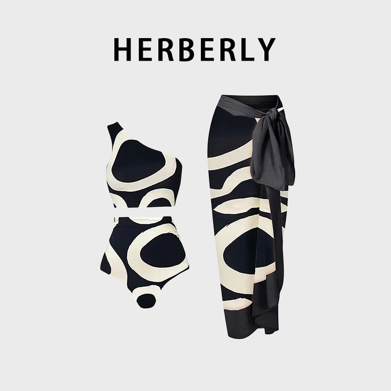 HERBERRY泳装女辣妹比基尼新款单肩高腰修身显瘦遮肚裙式分体泳衣
