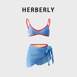HERBERRY泳装女周冬雨同款比基尼小胸聚拢温泉度假分体泳衣三件套