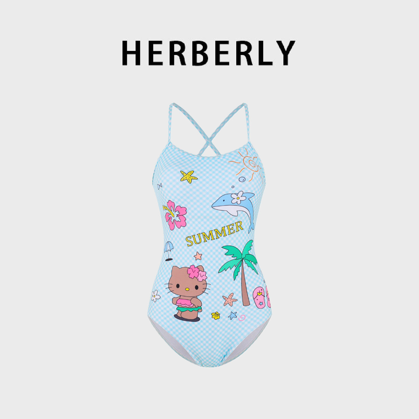 HERBERRY泳装少女卡通可爱显瘦性感比基尼泡温泉度假三角连体泳衣
