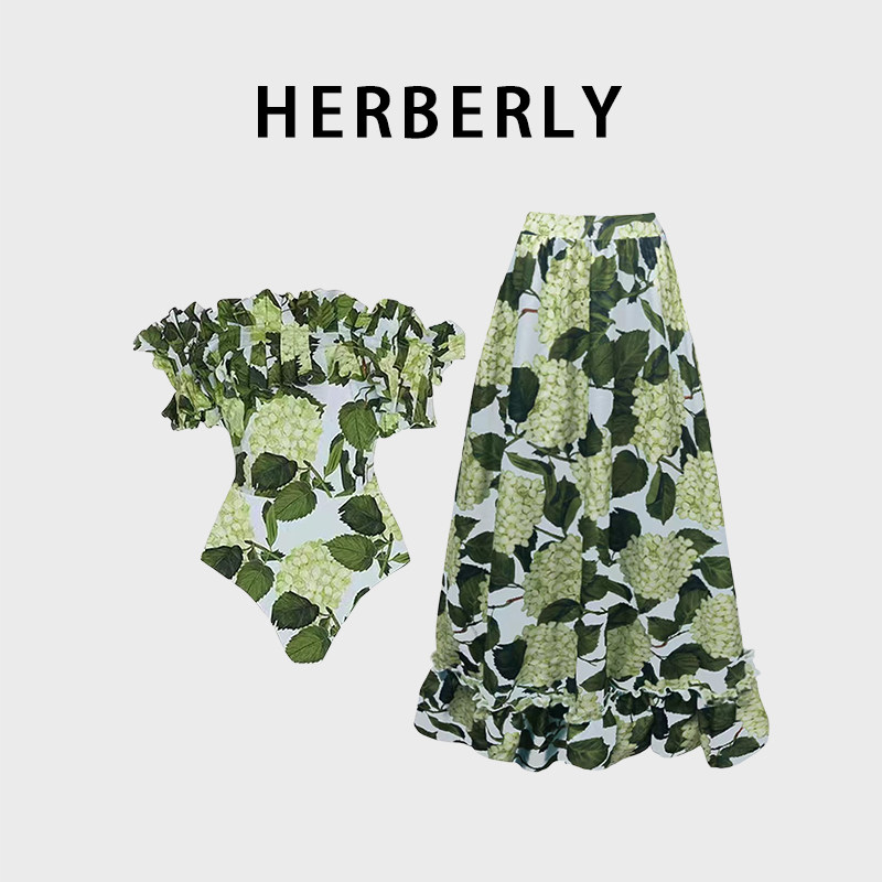 HERBERRY泳装女法式复古小众荷叶边抹胸裙式分体泳衣海边温泉度假