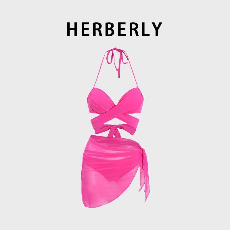 HERBERRY泳装女纯欲钢托聚拢三点式比基尼性感分体泳衣裹裙三件套