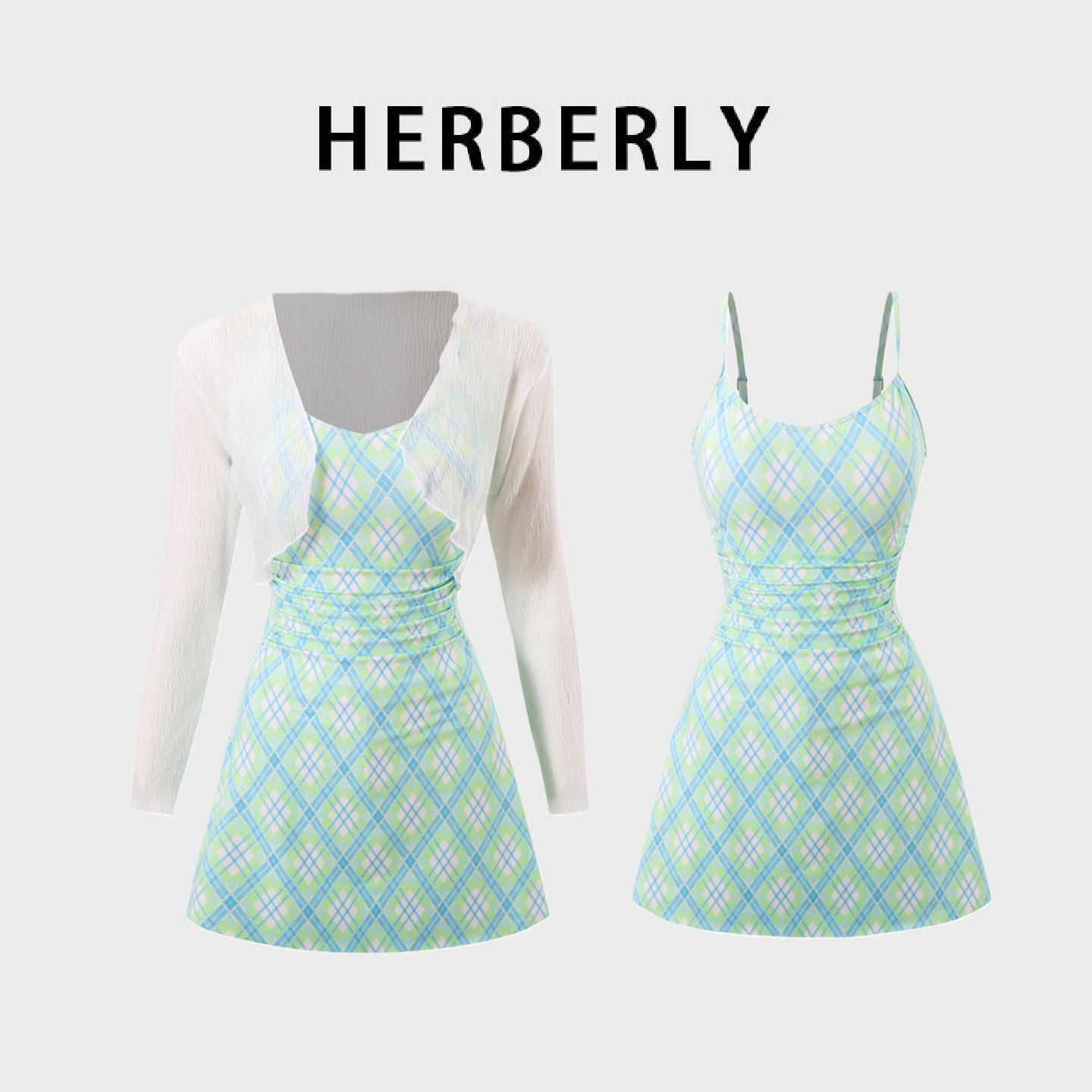 HERBERRY泳装亲子装母女长袖罩衫可爱泡温泉度假裙式平角分体泳衣