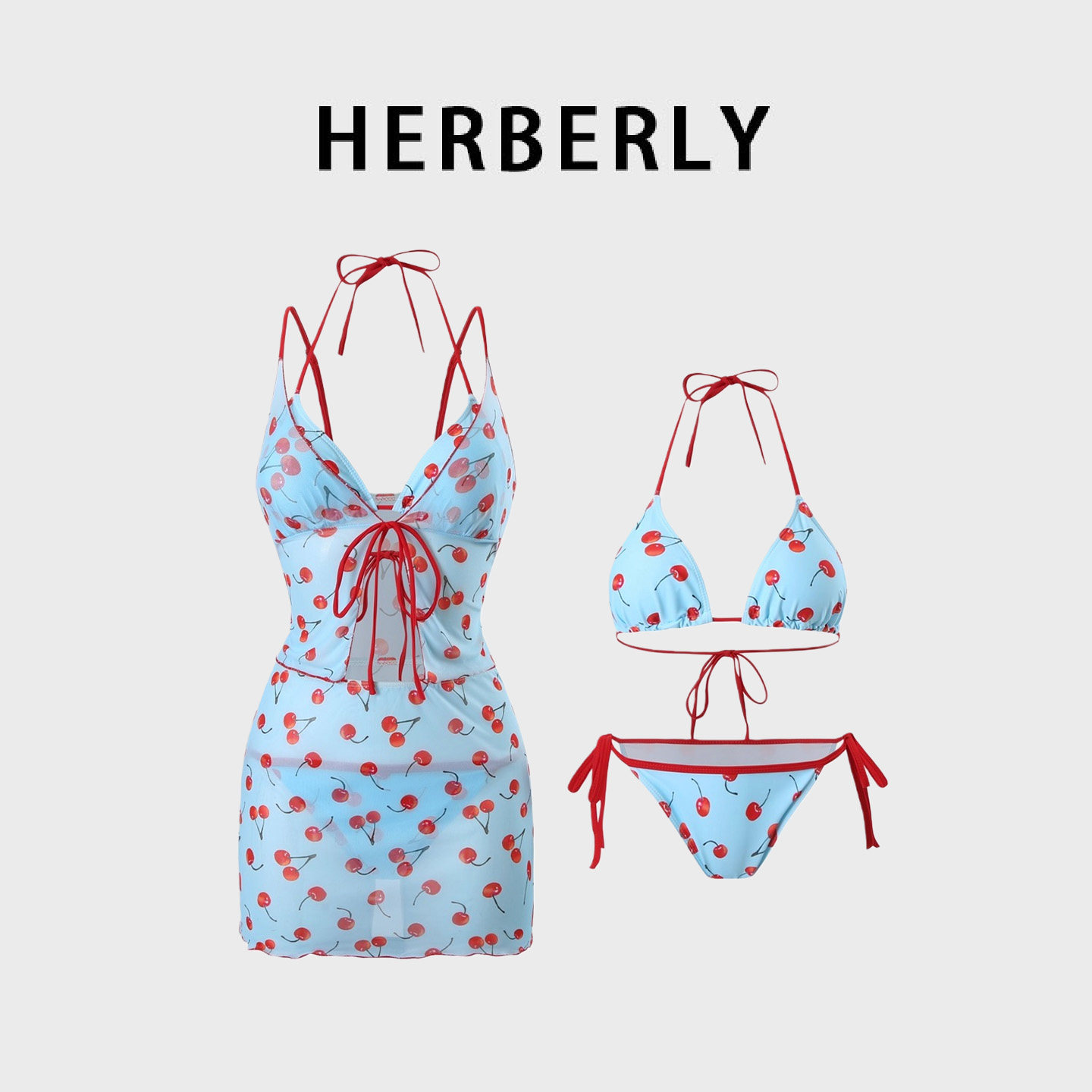 HERBERRY泳装少女甜美日系小胸聚拢比基尼泡温泉度假裙式分体泳衣