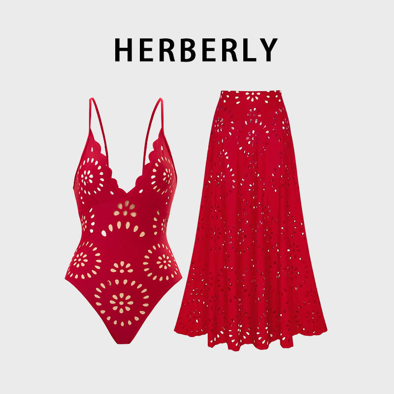 HERBERRY泳装红色性感深V吊带比基尼裙式沙滩泡温泉度假连体泳衣