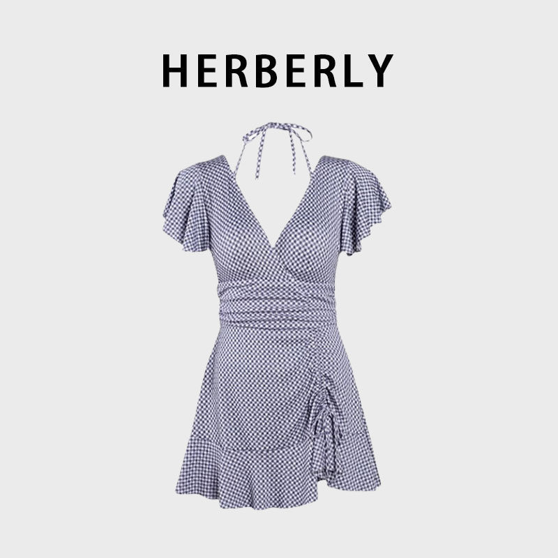 HERBERRY泳装复古保守V领显瘦钢托聚拢海边温泉度假裙式连体泳衣