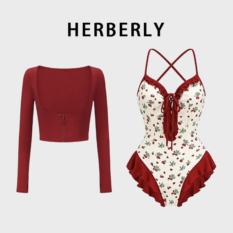 HERBERRY泳装高级纯欲风性感港风复古火辣红色显白露背连体游泳衣