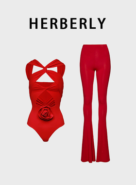 HERBERRY泳装纯欲风性感镂空连体泳衣女红色玫瑰长裤套装温泉沙滩