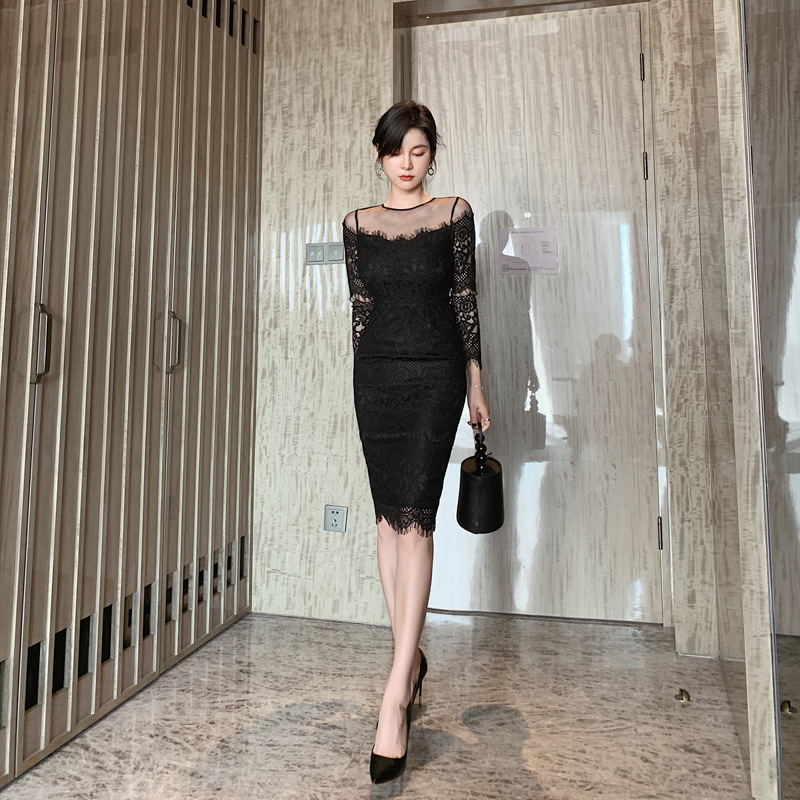2024春装新款女装韩版性感网纱拼接修身包臀睫毛蕾丝连衣裙1715