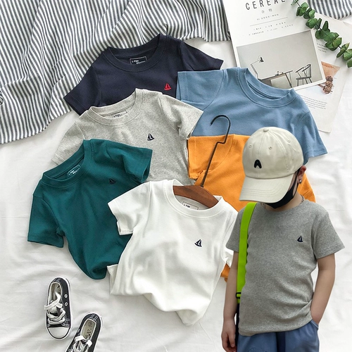 Детская мультяшная летняя хлопковая футболка с коротким рукавом для мальчиков, с вышивкой, круглый воротник, подходит для подростков