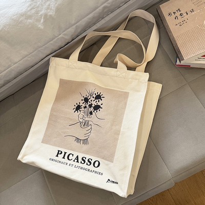 毕加索复古帆布袋大容量单肩拉链托特包学生上课书包通勤电脑女包