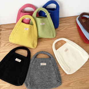 胖老与瘦竹新款糖果色韩系小手提包女配饰针织毛线包手拿包秋冬