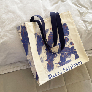 FASSIANOS蓝色飞鸟大容量设计单肩拉链通勤帆布袋环保托特电脑包