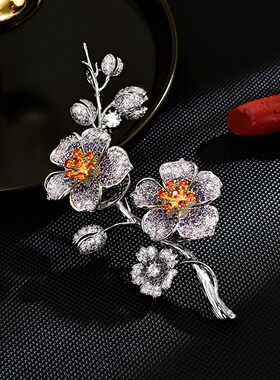 Chinese Style Plum Blossom Brooch Color Zircon Elegant Pin