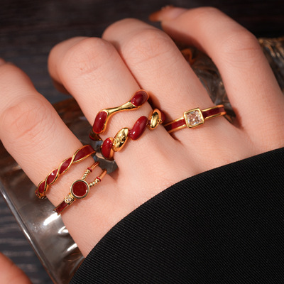 锆石滴油几何形开口戒指新年红色