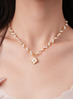 贝母花朵珍珠项链轻奢小众锁骨链