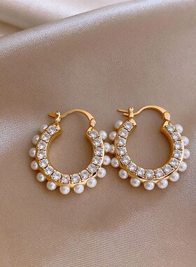 Zircon Hoop Earrings, Pearl Gold Minimalist Chic Cuffs