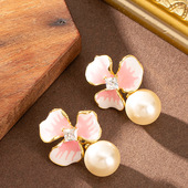 Enamel Silver Petal Stud French Chic Pearl Earrings Post