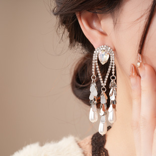 18K Gold Fringe Earrings, Diamond Drop Pearl Luxury Studs