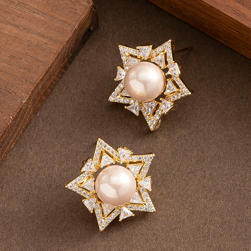 S925银针精致五角星锆石珍珠耳钉