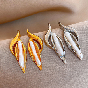 24K Gold Irregular Pearl Stud Earrings, Chic Silver Post