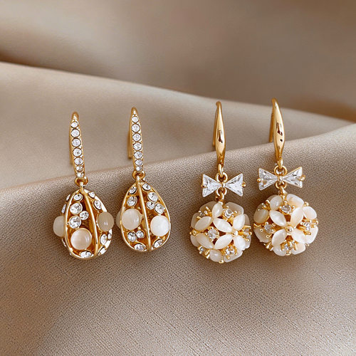 法式镶钻猫眼石水滴耳环轻奢感