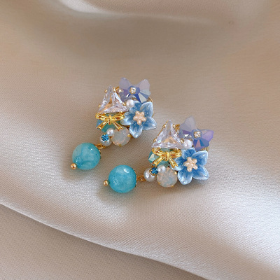 清新甜美锆石花朵吊坠耳环