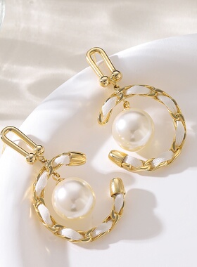 French Leather Earrings, Pearl C-Hoop Bold Studs