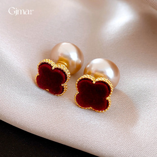 French Studs Pearl Floral Earrings Red Luxury Velvet