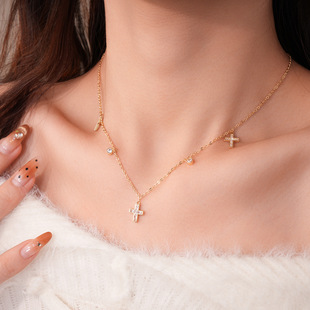 18K Gold Plated CZ Cross Pendant Stud & Necklace Elegant