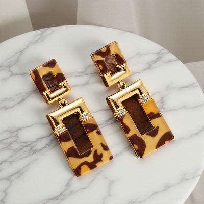 Leopard Square Earring,Diamond Geometric Face Slimming Studs