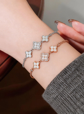 韩系简约锆石贝母花朵抽拉式手链