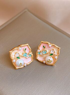 18K Gold Rhombus Pearl Zircon Stud Earrings, Silver Post