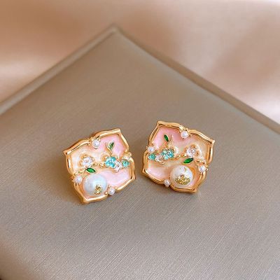 18k金电镀滴油锆石菱形珍珠耳钉