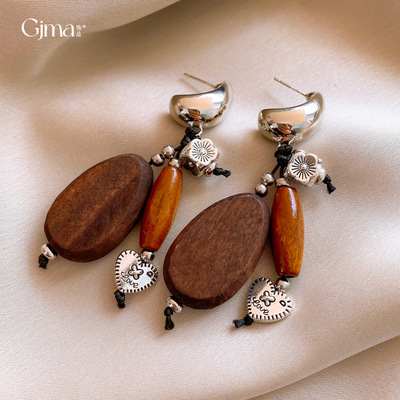 木质银针耳钉女复古民族风椭圆形
