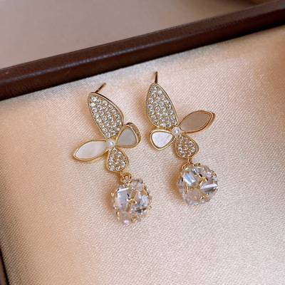 14k真金电镀锆石贝母蝴蝶耳环