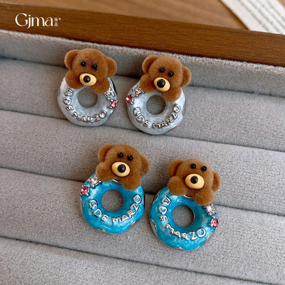 韩系甜美植绒小熊滴油圆形耳环