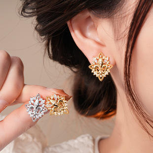 18K Gold Iris Studs, Hollow Zircon Vintage Luxury Earrings