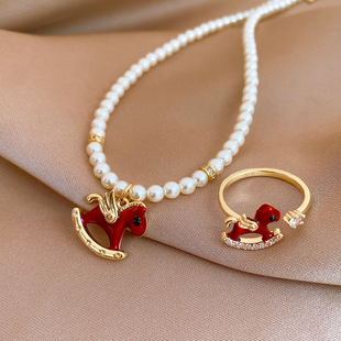 Korean Enamel Red Horse Pendant Pearl Necklace & Ring Set