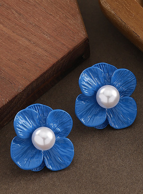 Klein Blue Earrings, Lacquer Floral Pearl Luxury Studs