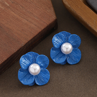 度假风烤漆立体花朵珍珠耳环