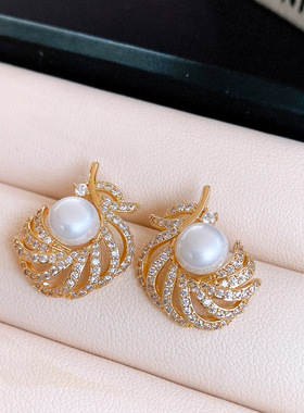 18K Gold Zircon Earrings, Sparkling Pearl Vintage Studs
