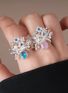 复古风锆石椭圆形花朵开口戒指
