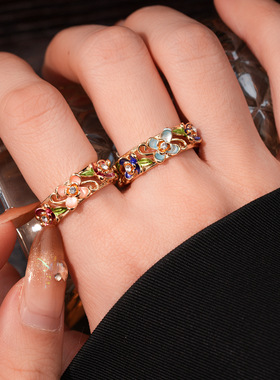 18k金电镀滴油镶钻花朵开口戒指